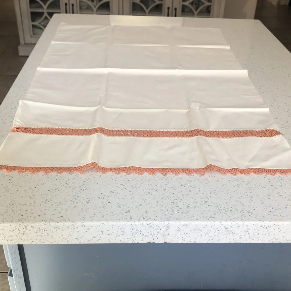 2 Vintage  white pillow cases with peach crochet trim